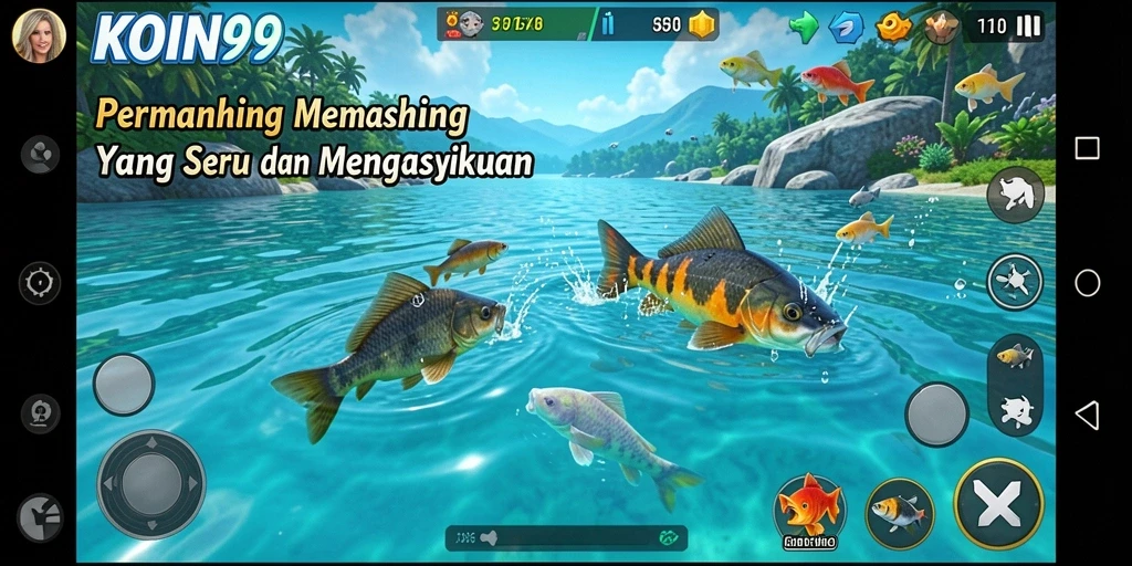 Tampilan gameplay KOIN99 yang menarik saat memancing ikan.