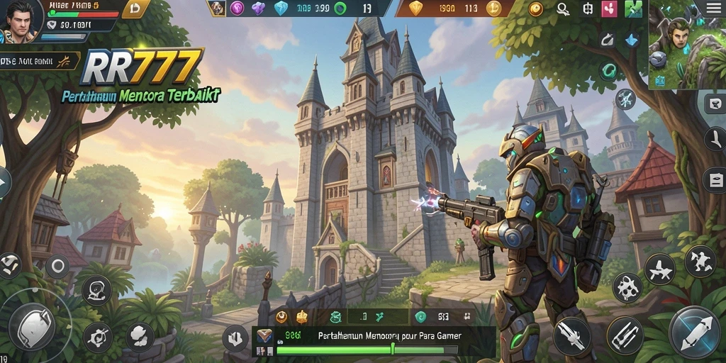 Tampilan menara dan musuh dalam gameplay Tower Defense RR777.